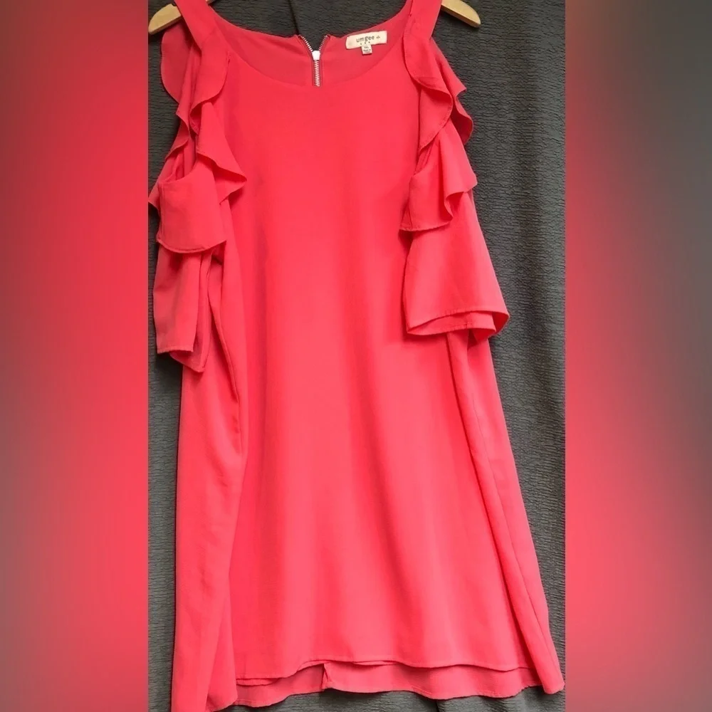 Umgee 1XL coral pink cold shoulder dress with bell sleeves zipper back